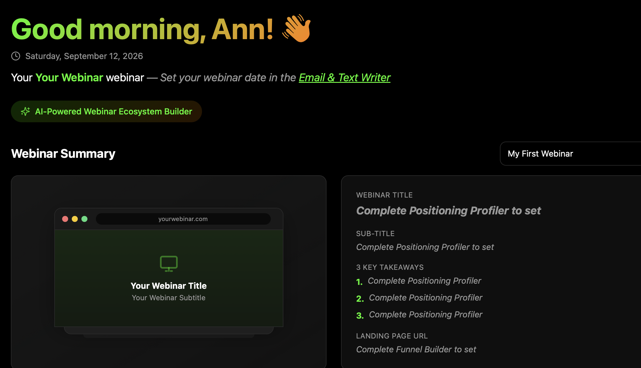 Gordon builder dashboard: greeting and webinar summary card
