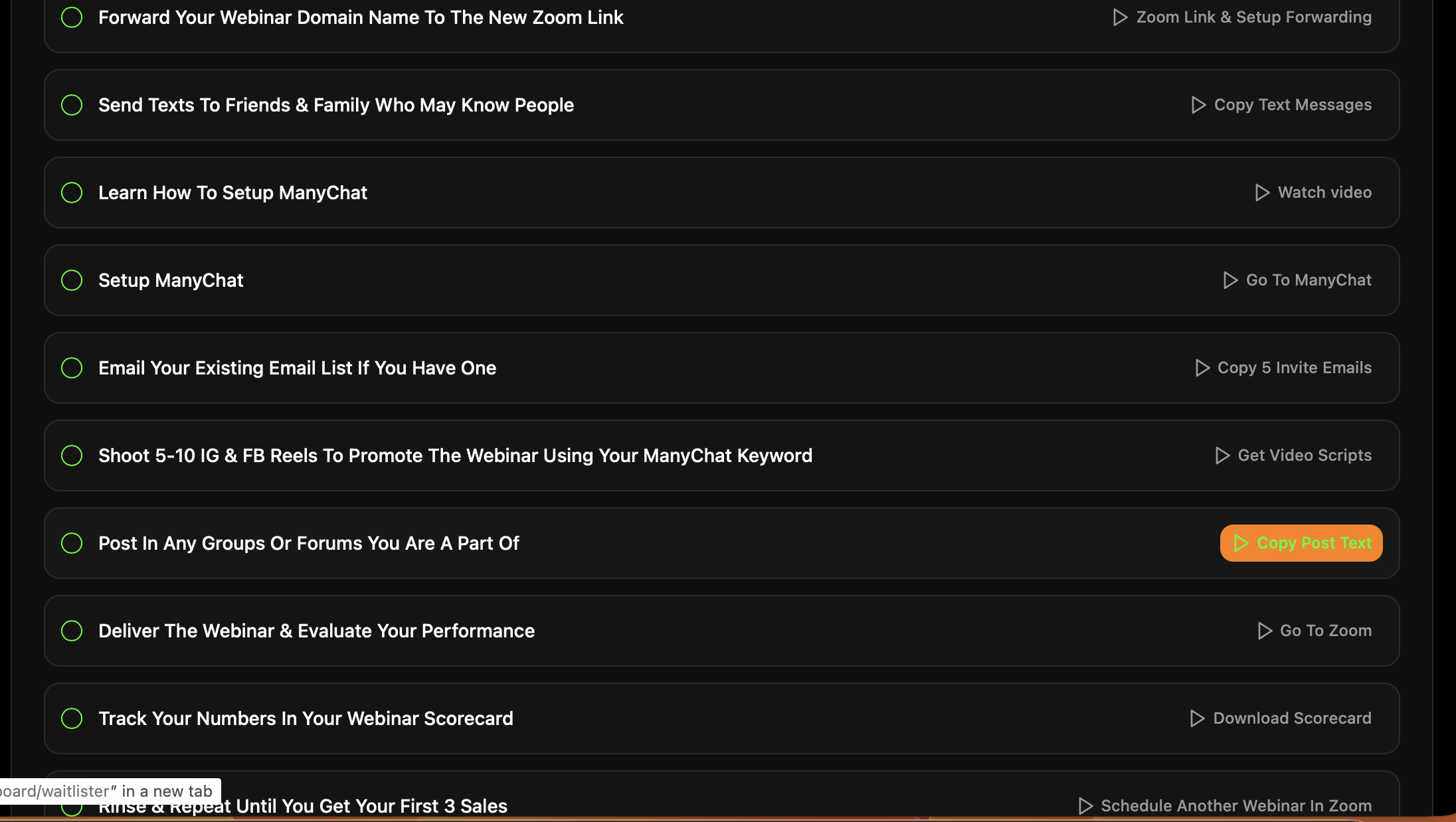 First Real Webinar tasks: ManyChat, reels, scorecard, first three sales