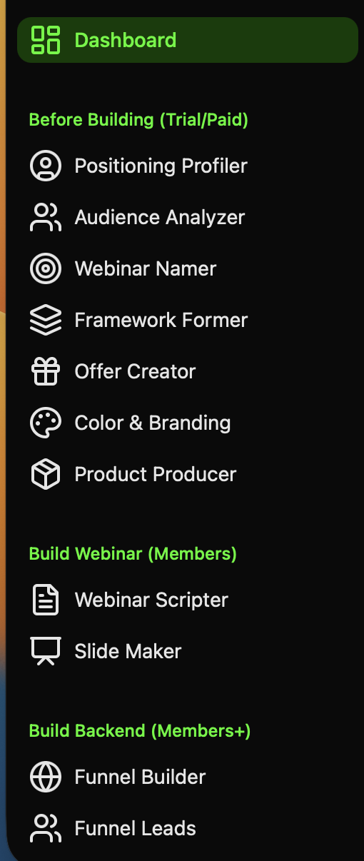 Gordon builder sidebar, top: Dashboard, Before Building tools, Build Webinar tools